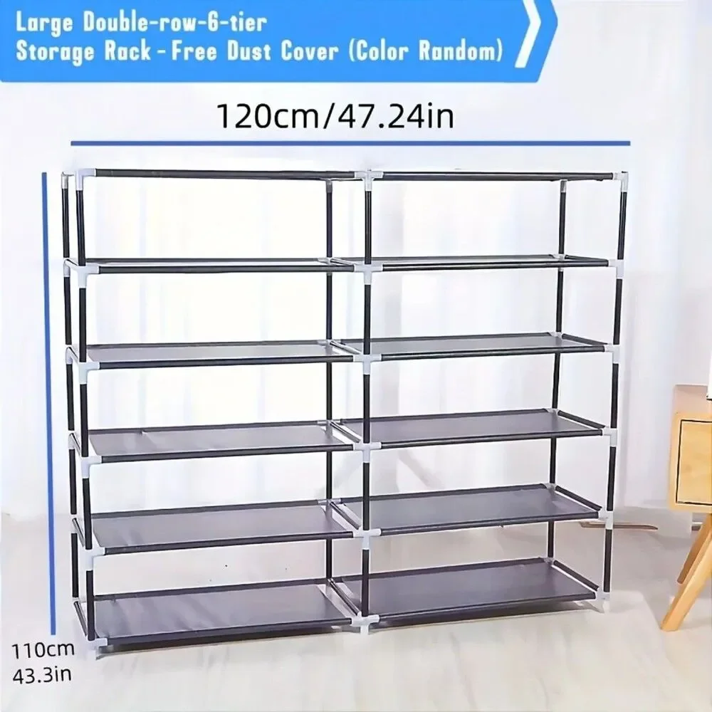 6-layer Double Row Shoe Rack with Dust Cover, Easy To Assemble and Store Shoes